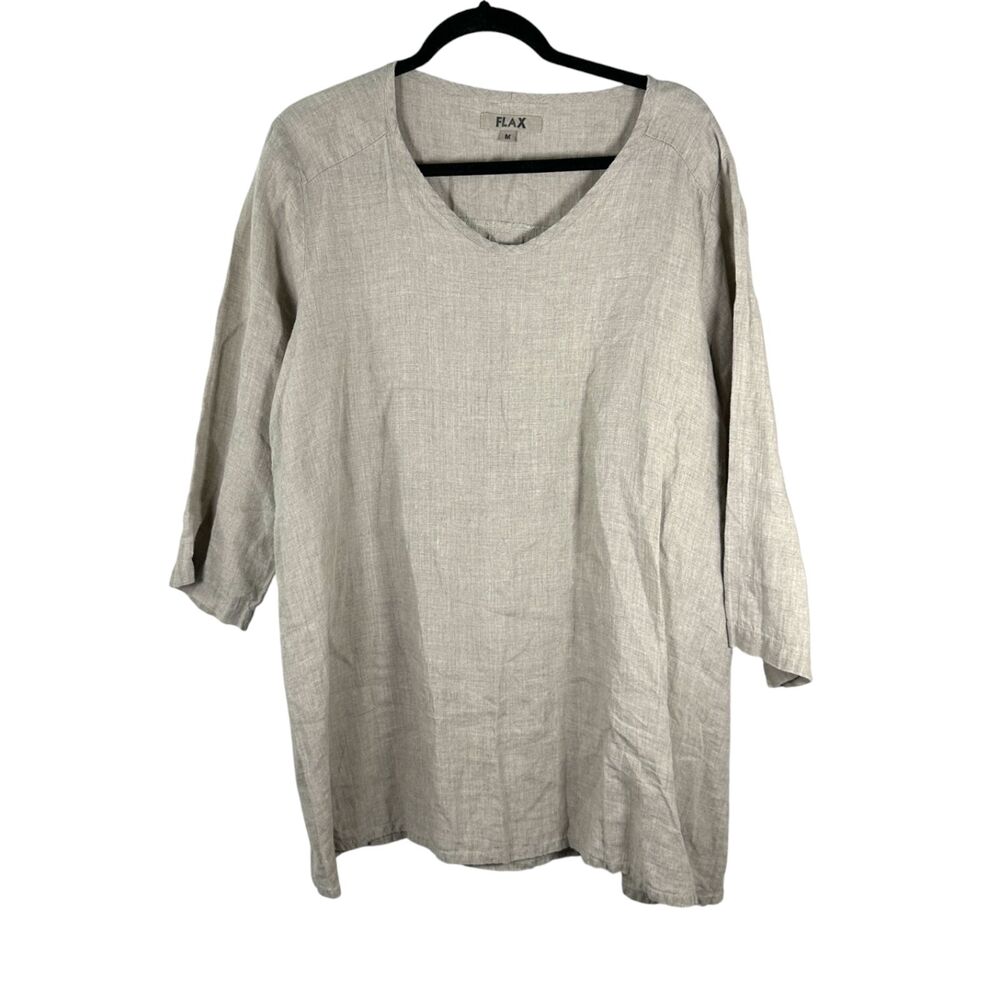 Flax Neutral Tan Taupe Beige 3/4 Sleeve Flowy Boxy Blouse Size Medium